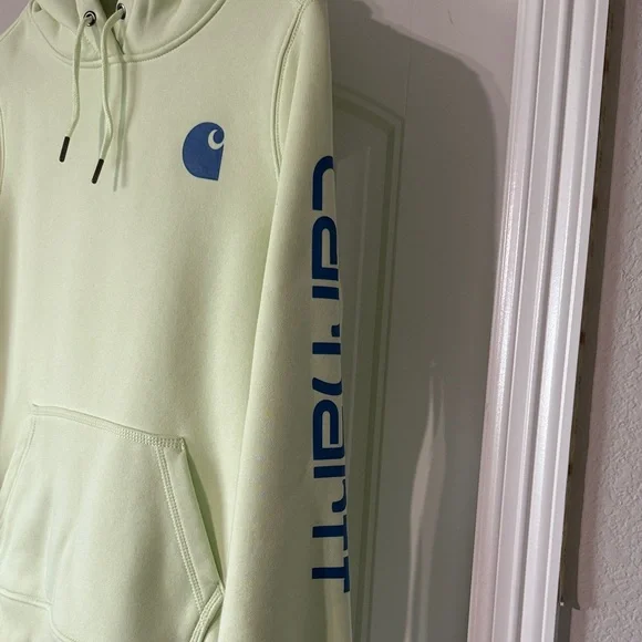 Carhartt Woman’s Light Green Hoodie with Blue Logo - Picture 2 of 5